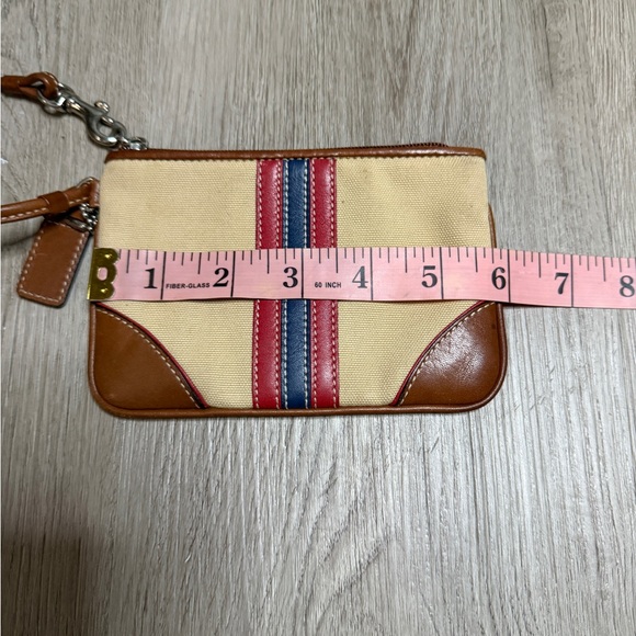 Coach Tan Canvas Wristlet with Red and Blue Stripe Accents - Picture 4 of 5